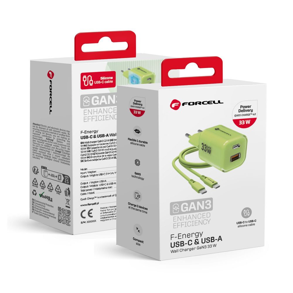Phone charger Forcell F-Energy GaN III Crystal Color USB C + USB A QC4.0 PD 33W + silicone cable USB C to USB C VT-41 green