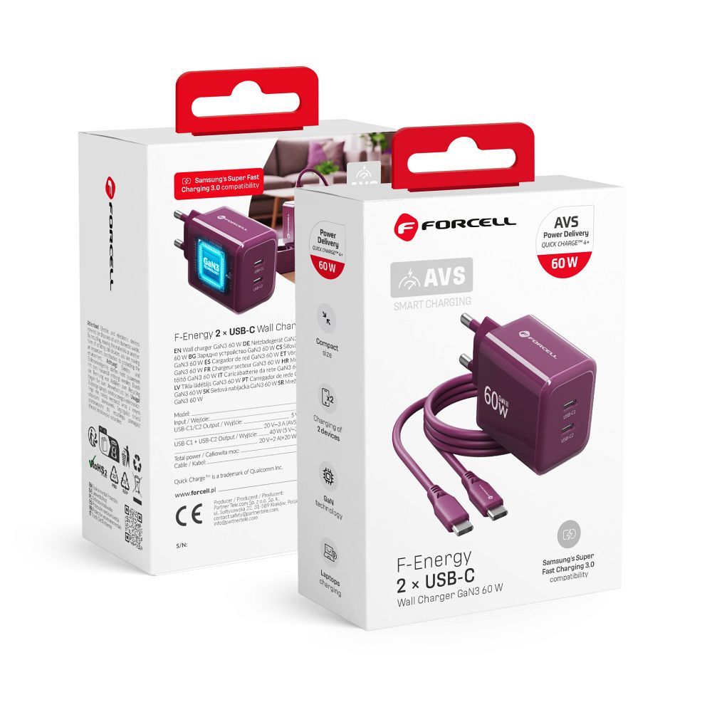 Phone charger Forcell F-Energy GaN III Crystal Color 2x USB C AVS SSFC3.0 60W + silicone cable USB C to USB C VT-60 burgund