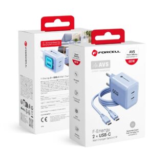 Phone charger Forcell F-Energy GaN III Crystal Color 2x USB C AVS SSFC3.0 60W + silicone cable USB C to USB C VT-60 ligth blue