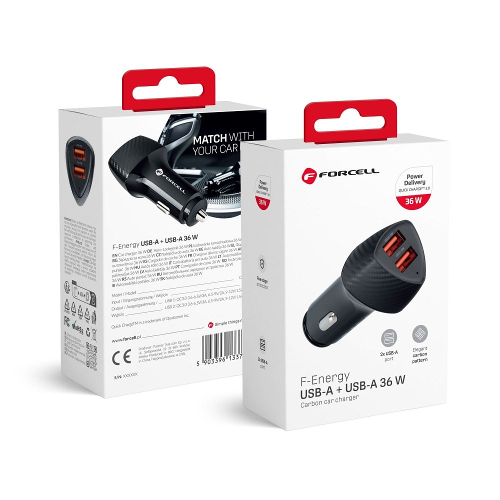 Car charger Forcell F-Energy Carbon 2 x USB A QC3.0 3A 36W CC50-2A black