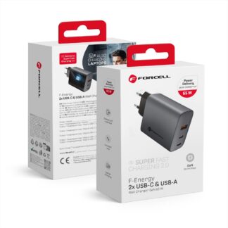 Phone charger Forcell F-Energy GaN 2 x USB C + USB A QC4.0 PD 4A 65W VT-42B gray