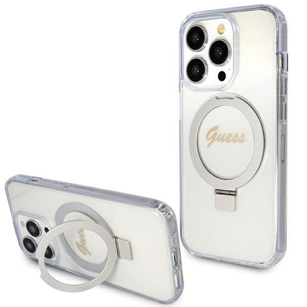 GUESS case for IPHONE 15 Pro compatible with MagSafe GUHMP15LHRSGSD (Glitter Script Logo Ring stand) transparent