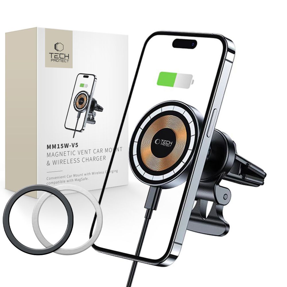 Tech-Protect MM15W-V5 Car Phone Holder with MagSafe 15W Inductive Charger for Air Vent - Black