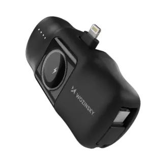 Wozinsky WF16-YLS 5000mAh 15W Lightning Mini Power Bank with Built-in USB-C Cable and Apple Watch Charger - Black