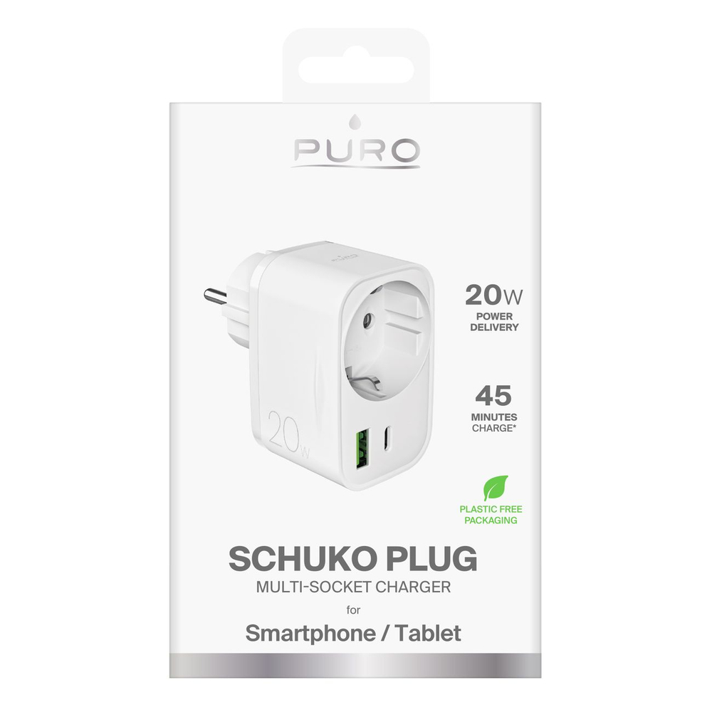 Puro 20W Power Delivery Charger with Schuko Plug and Socket 1x USB-C + 1x USB-A - White - Image 2