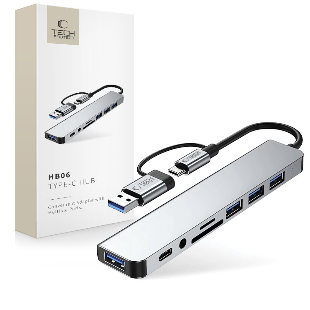 Tech-Protect HB06 HUB Adapter 8in1 TYPE-C + USB2.0 + USB3.0 + SD/TF + AV3.5 - gray