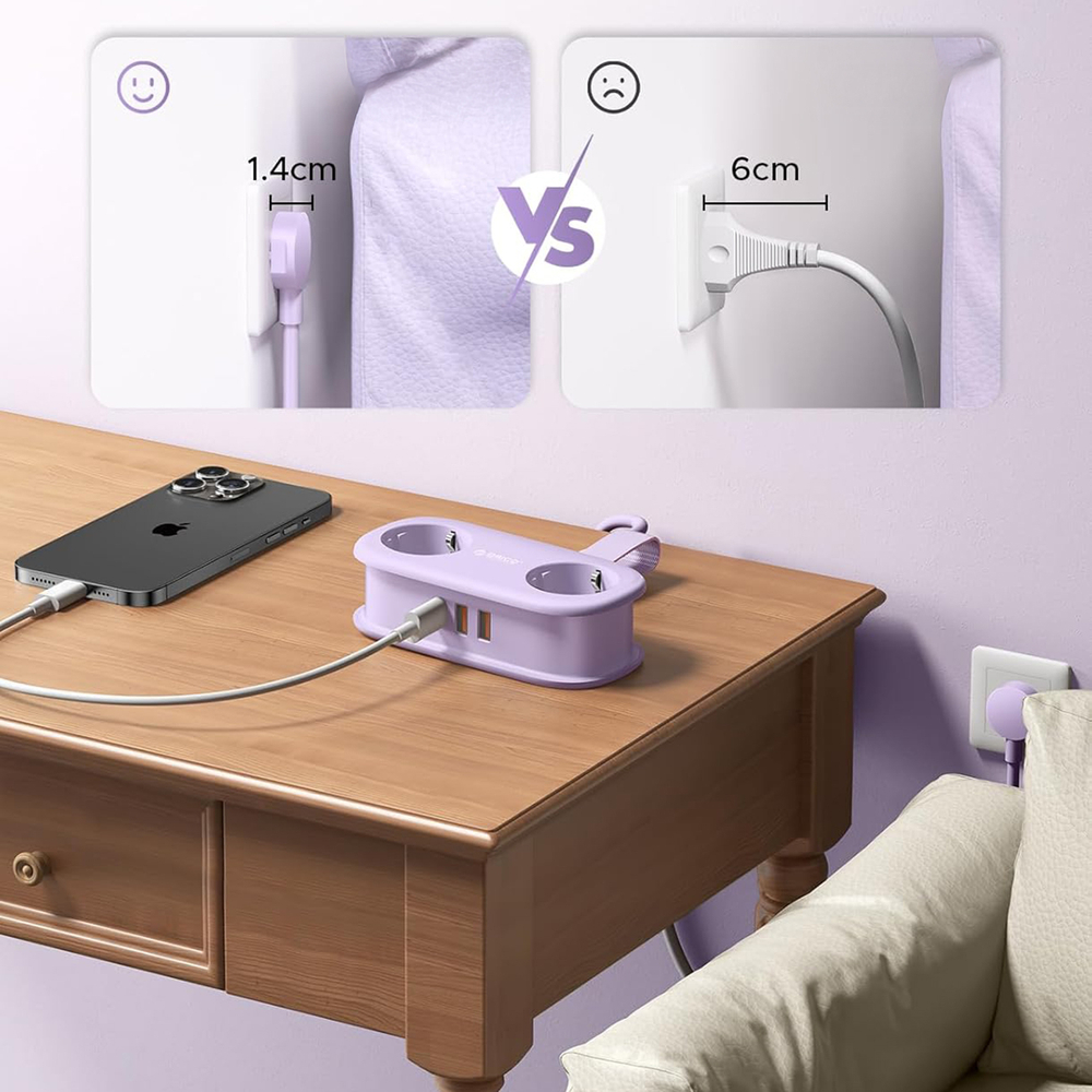 Orico AP3 20W GaN 5in1 Power Strip 2x AC + 2x USB-A + 1x USB-C - Purple - Image 2