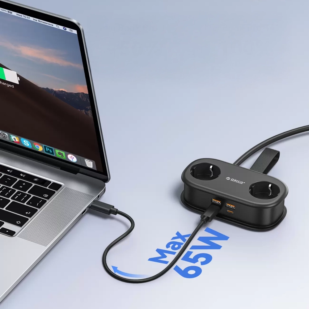 Orico AP3 65W GaN 6in1 Power Strip 2x AC + 2x USB-A + 2x USB-C - Black - Image 3