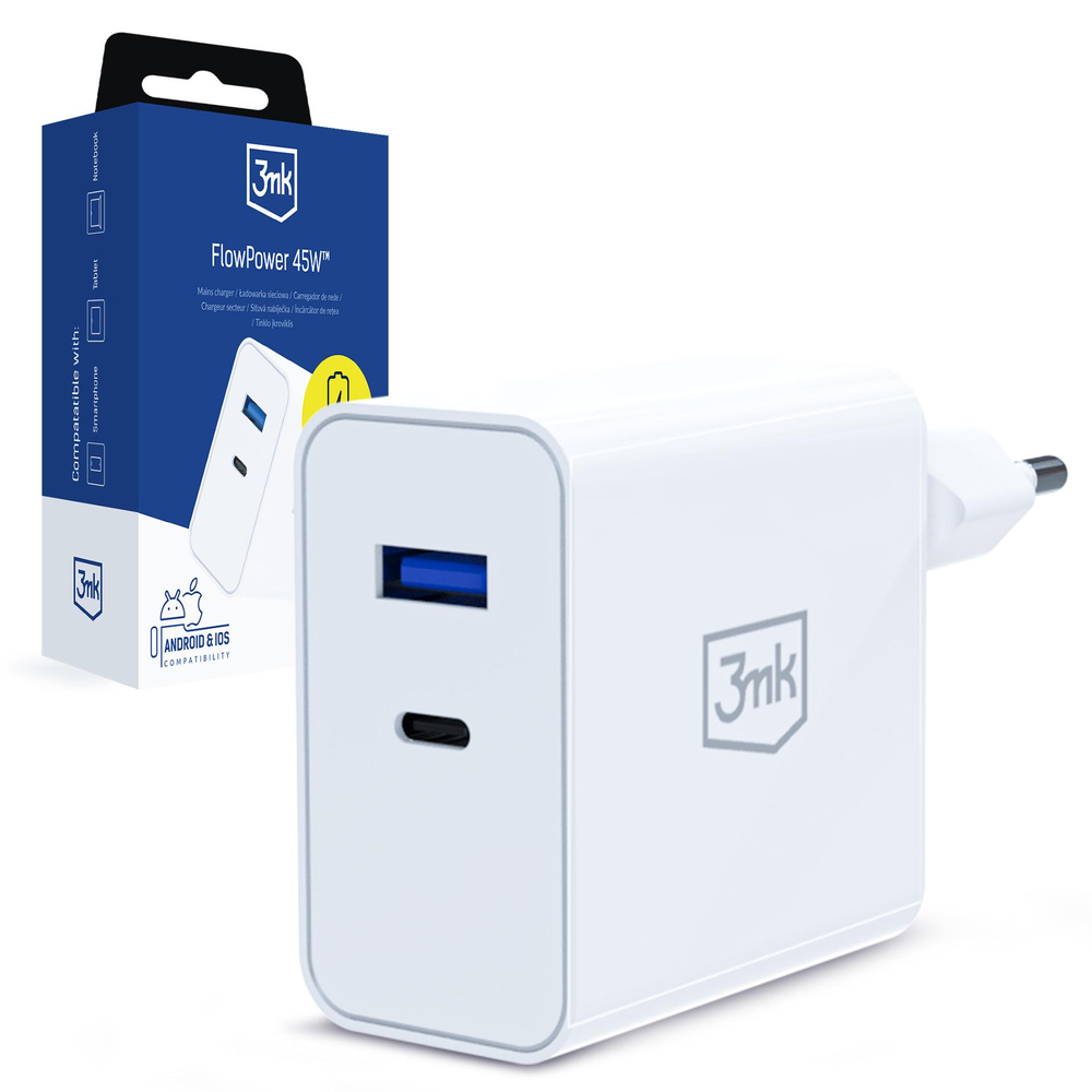 3mk FlowPower 45W 1A1C PD3.0 QC4+ Wall Charger - White