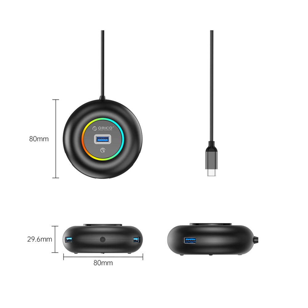 Orico YXR4-C3 RGB USB Hub 4-Port USB-A 3.0 with Audio/Microphone Port 1.8m - Black - Image 2