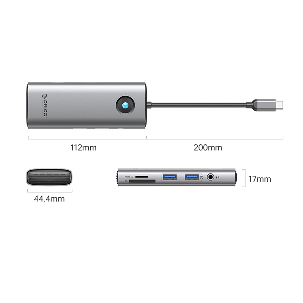 Orico PW11 8in1 USB-C Docking Station 2x USB-A 3.0 1x USB-C PD 100W 1x HDMI 4K 60Hz 1x microSD/SD 1x RJ45 Gigabit Ethernet 1x Audio 3.5mm - Gray - Image 2