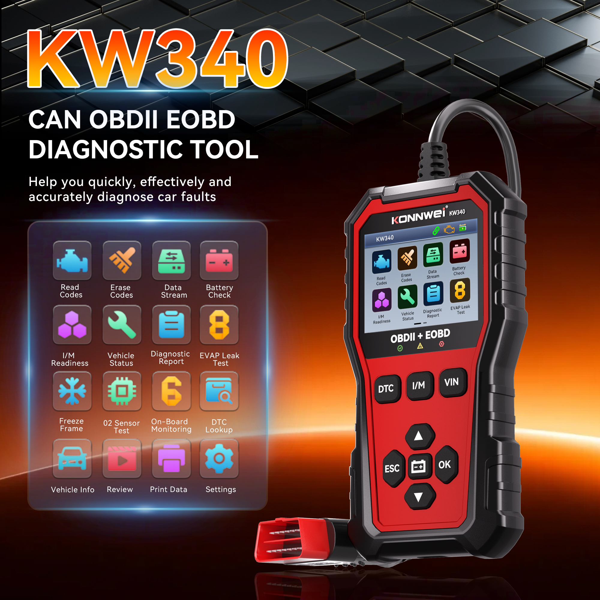KONNWEI KW340 OBD2 Scanner with Creative 2.8 inch Colorful Screen & Free Upgrade & Print