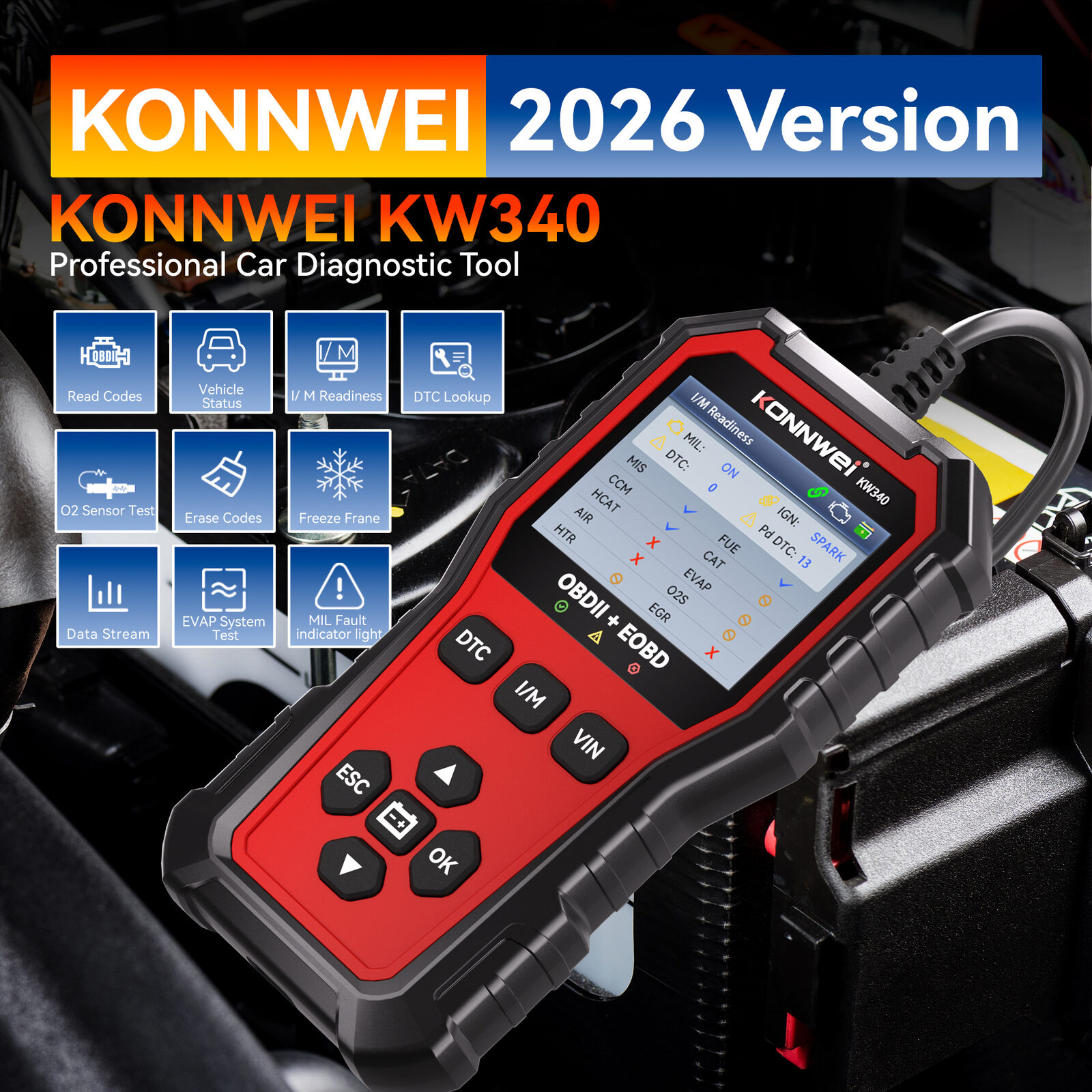 KONNWEI KW340 OBD2 Scanner with Creative 2.8 inch Colorful Screen & Free Upgrade & Print - Pilt 2