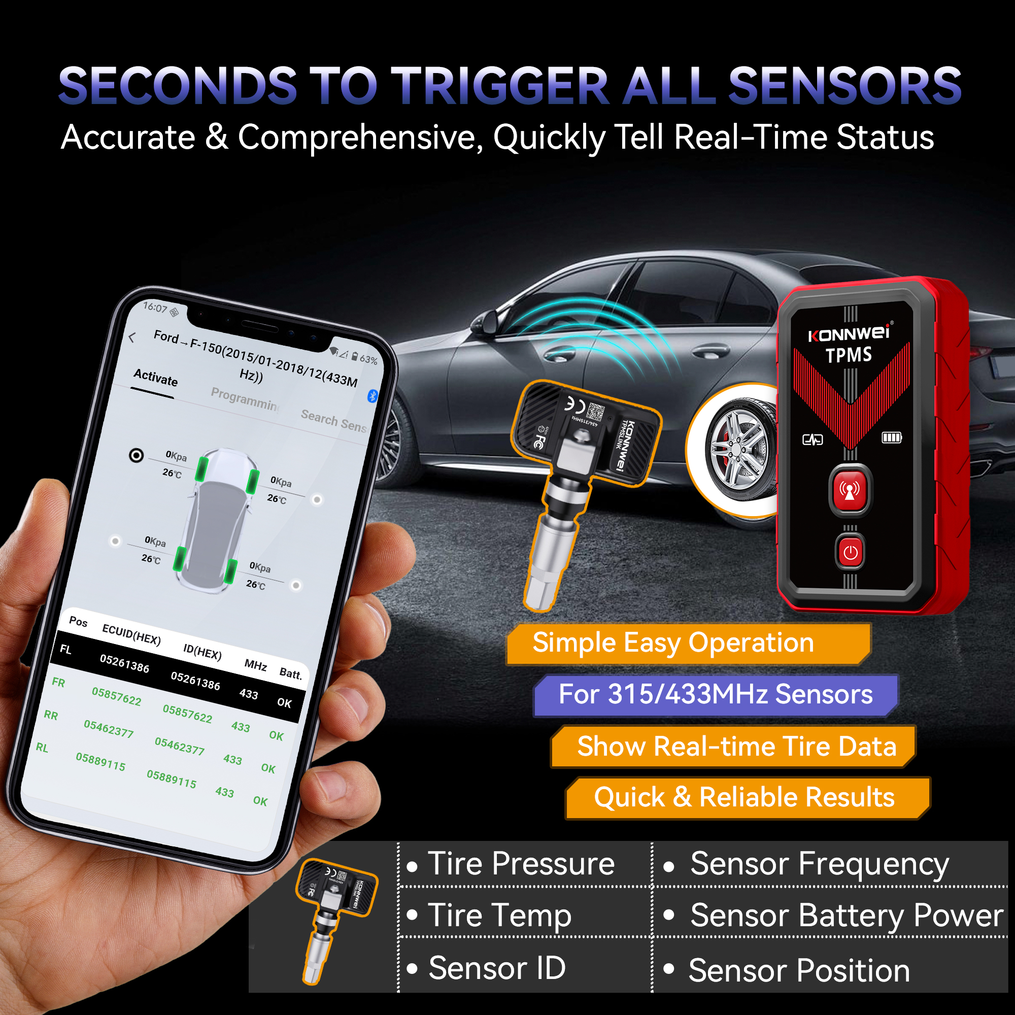 KONNWEI TK100 TPMSLINK APP Tire Pressure Sensor Programming Tool — изображение 3