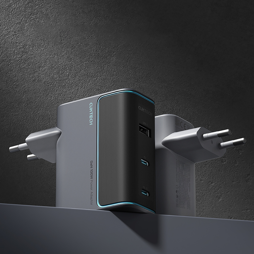 Cuktech CUKAD1003EUG GaN 100W Wall Charger 2 x USB-C 1 x USB-A with USB-C Cable - Gray - Image 3