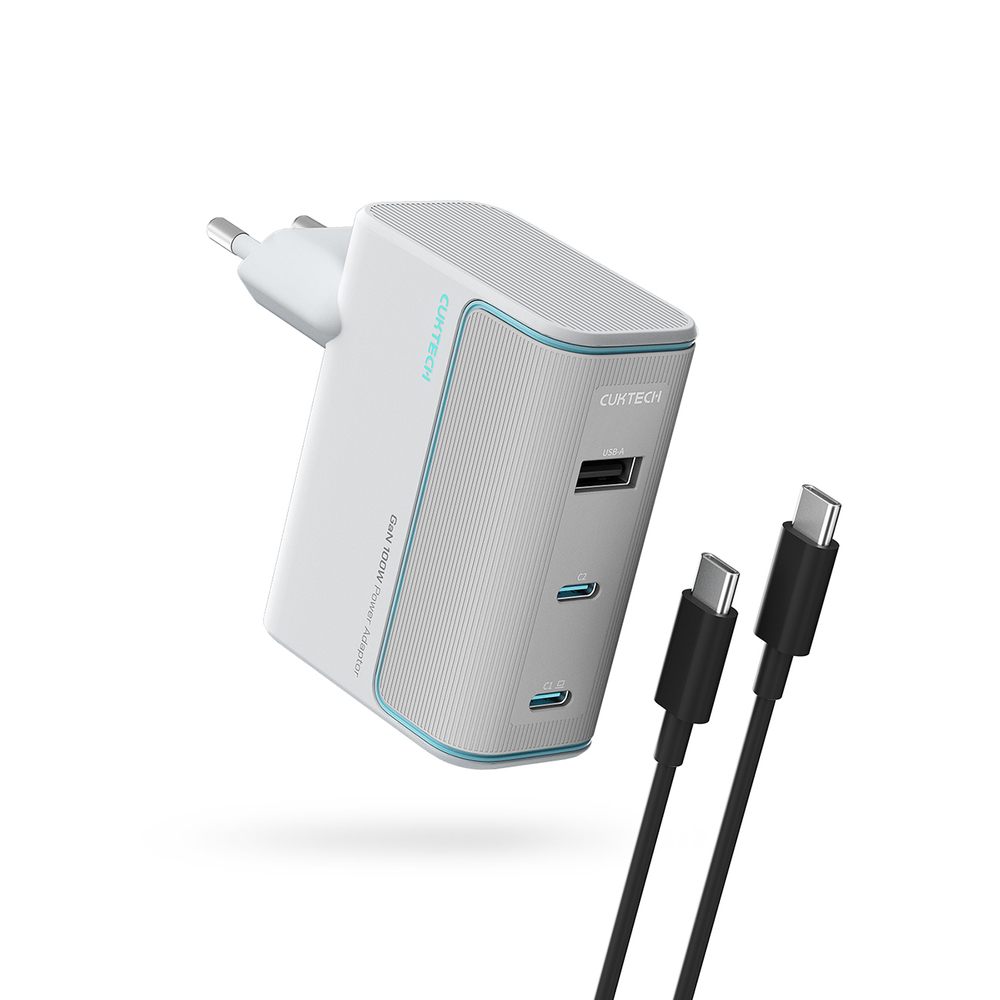 Cuktech AD1003EU 100W GaN 2x USB-C + USB-A Wall Charger with Cable - White