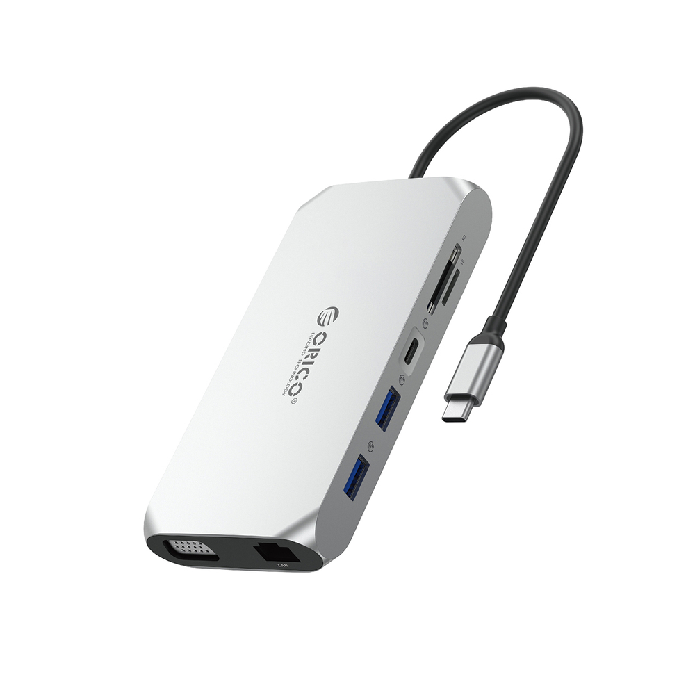 Orico XCR 12in1 USB-C Docking Station 2x USB-A 3.1 1x USB-A 2.0 1x USB-C PD 100W 1x USB-C 3.1 2x HDMI 2.0 4K 60 Hz 1x VGA 1080p 1x SD 3.0 1x microSD 3