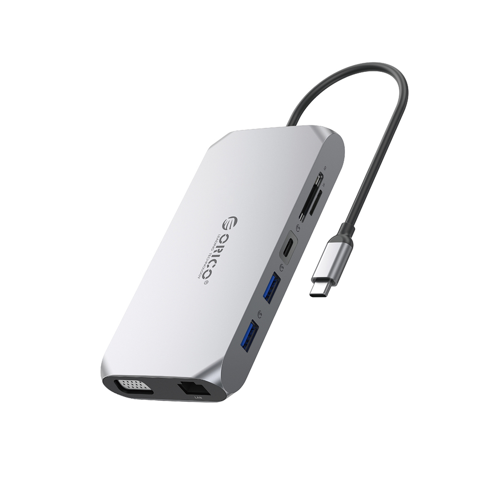 Orico XCR 12in1 USB-C Docking Station 2x USB-A 3.1 1x USB-A 2.0 1x USB-C PD 100W 1x USB-C 3.1 2x HDMI 2.0 4K 60 Hz 1x VGA 1080p 1x SD 3.0 1x microSD 3